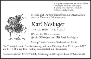 Traueranzeige von Karl Nösinger von Trauerportal Rhein Main Presse