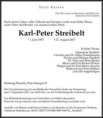 Traueranzeige von Karl-Peter Streibelt von VRM Trauer