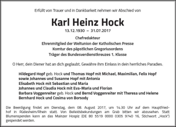 Traueranzeige von Karl Heinz Hock von Trauerportal Rhein Main Presse