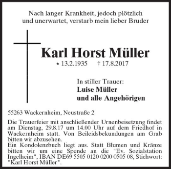 Traueranzeige von Karl Horst Müller von Trauerportal Rhein Main Presse