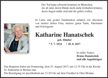 Traueranzeige von Katharine Hanatschek von Trauerportal Echo Online