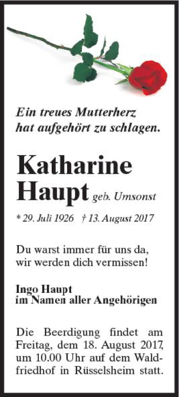 Traueranzeige von Katharine Haupt von Trauerportal Rhein Main Presse