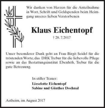 Traueranzeige von Klaus Eichentopf von Trauerportal Rhein Main Presse