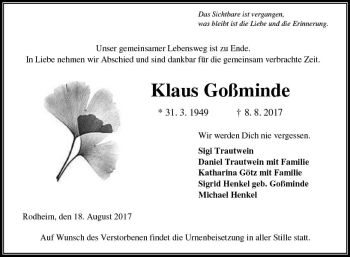Traueranzeige von Klaus Goßminde von  Gießener Anzeiger