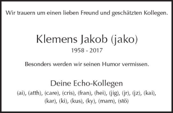Traueranzeige von Klemens Jakob von Trauerportal Echo Online
