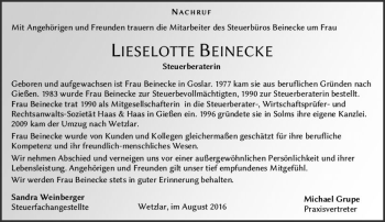 Traueranzeige von Lieselotte Hannelore Beinecke von  Gießener Anzeiger