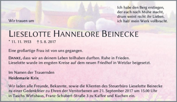 Traueranzeige von Lieselotte Hannelore Beinecke von  Gießener Anzeiger