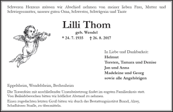 Traueranzeige von Lilli Thom von Trauerportal Rhein Main Presse