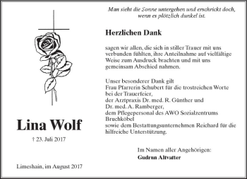 Traueranzeige von Lina Wolf von  Kreisanzeiger