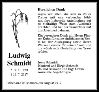 Traueranzeige von Ludwig Schmidt von  Gießener Anzeiger