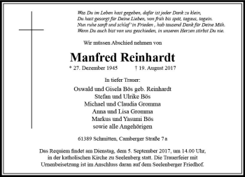 Traueranzeige von Manfred Reinhardt von  Usinger Anzeiger