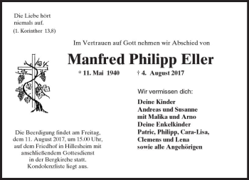 Traueranzeige von Manfred Philipp Eller von Trauerportal Rhein Main Presse