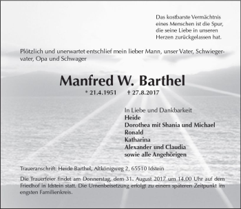 Traueranzeige von Manfred W. Barthel von Trauerportal Rhein Main Presse