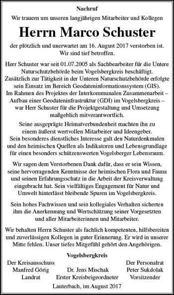 Traueranzeige von Marco Schuster von VRM Trauer
