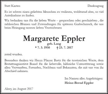 Traueranzeige von Margarete Eppler von Trauerportal Rhein Main Presse