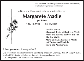 Traueranzeige von Margarete Madle von Trauerportal Rhein Main Presse