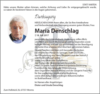 Traueranzeige von Maria Denschlag von Trauerportal Rhein Main Presse