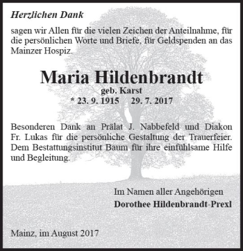 Traueranzeige von Maria Hildenbrandt von Trauerportal Rhein Main Presse