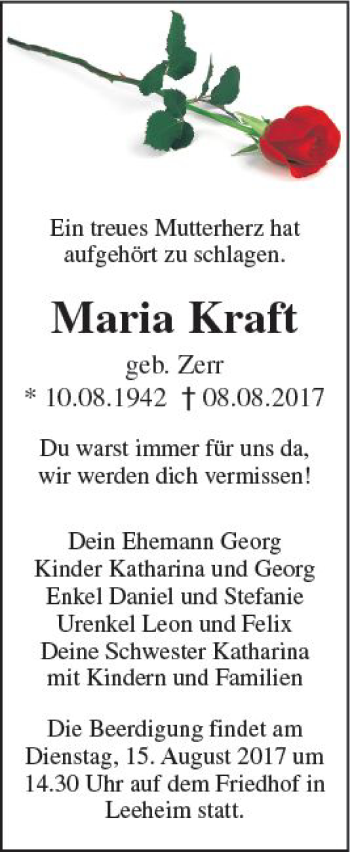 Traueranzeige von Maria Kraft von Trauerportal Echo Online