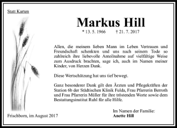 Traueranzeige von Markus Hill von VRM Trauer
