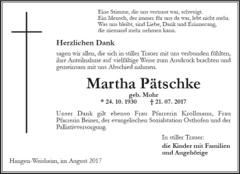 Traueranzeige von Martha Pätschke von Trauerportal Rhein Main Presse
