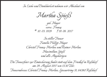 Traueranzeige von Martha Spieß von Trauerportal Echo Online