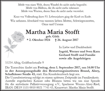 Traueranzeige von Martha Maria Stofft von Trauerportal Rhein Main Presse