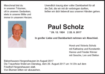 Traueranzeige von Paul Scholz von Trauerportal Echo Online