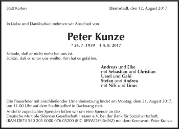 Traueranzeige von Peter Kunze von Trauerportal Echo Online