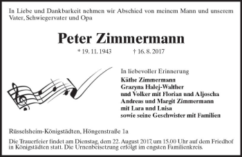 Traueranzeige von Peter Zimmermann von Trauerportal Rhein Main Presse