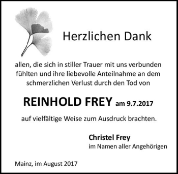 Traueranzeige von Reinhold Frey von Trauerportal Rhein Main Presse
