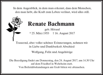 Traueranzeige von Renate Bachmann von  Usinger Anzeiger