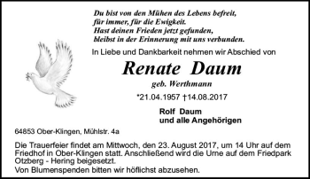 Traueranzeige von Renate Daum von Trauerportal Echo Online