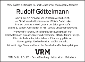 Traueranzeige von Rudolf Göttelmann von Trauerportal Rhein Main Presse
