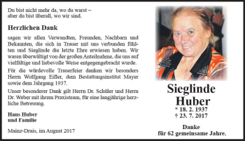 Traueranzeige von Sieglinde Huber von Trauerportal Rhein Main Presse