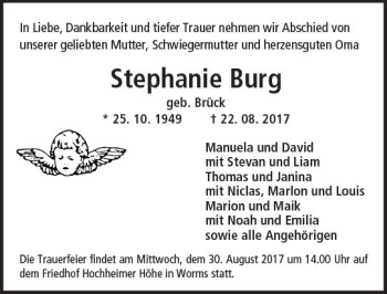 Traueranzeige von Stephanie Burg von Trauerportal Rhein Main Presse