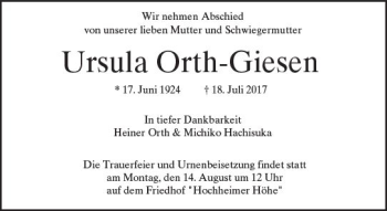 Traueranzeige von Ursula Orth-Giesen von Trauerportal Rhein Main Presse