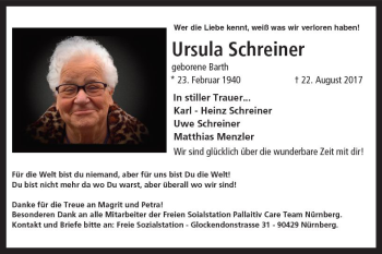 Traueranzeige von Ursula Schreiner von Trauerportal Rhein Main Presse