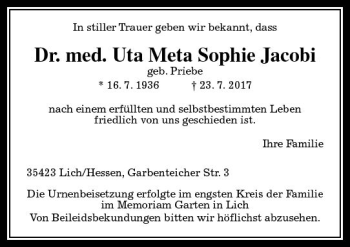 Traueranzeige von Uta Meta Sophie Jacobi von  Gießener Anzeiger