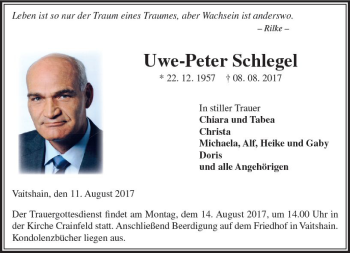 Traueranzeige von Uwe-Peter Schlegel von VRM Trauer
