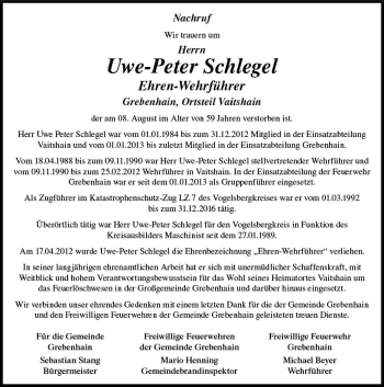Traueranzeige von Uwe-Peter Schlegel von VRM Trauer