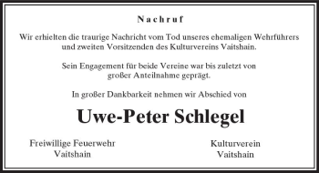Traueranzeige von Uwe-Peter Schlegel von VRM Trauer