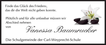 Traueranzeige von Vanessa Baumrucker von Trauerportal Rhein Main Presse