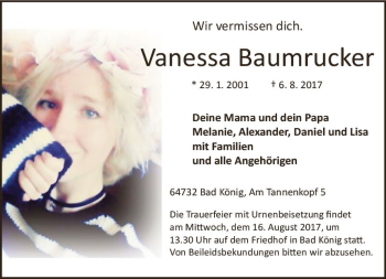 Traueranzeige von Vanessa Baumrucker von Trauerportal Echo Online
