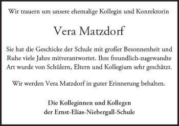 Traueranzeige von Vera Matzdorf von Trauerportal Echo Online