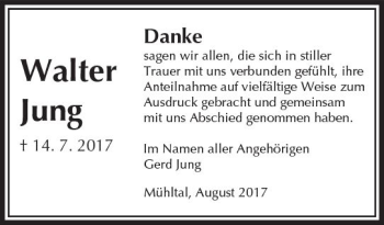 Traueranzeige von Walter Jung von Trauerportal Echo Online
