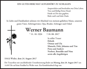 Traueranzeige von Werner Baumann von Trauerportal Rhein Main Presse