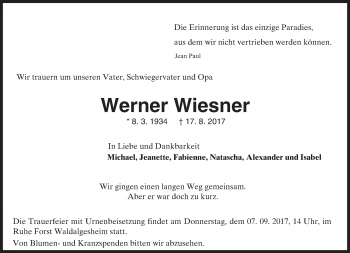 Traueranzeige von Werner Wiesner von Trauerportal Rhein Main Presse