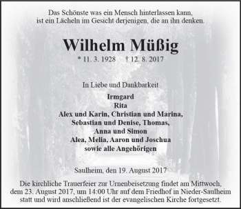 Traueranzeige von Wilhelm Müßig von Trauerportal Rhein Main Presse