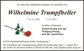 Traueranzeige von Wilhelmine Trumpfheller von Trauerportal Echo Online